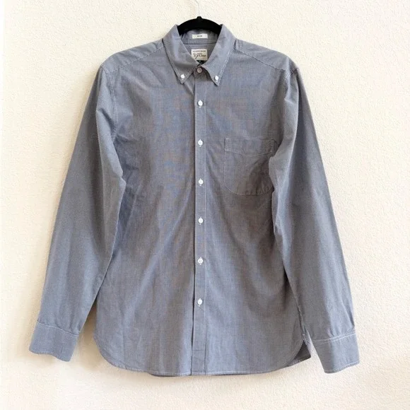 J.Crew Mens Slim Fit Micro Gingham Button Down Shirt Navy Blue White Medium M - Picture 6 of 11
